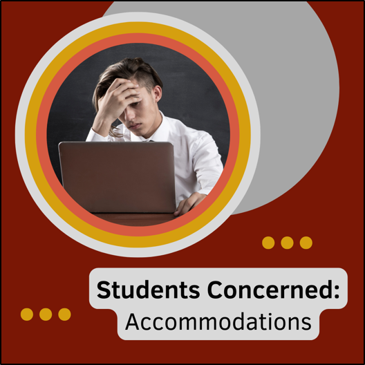 Students Concerned: Accommodations. Student with their head in their hand browsing on laptop looking frustrated.
										